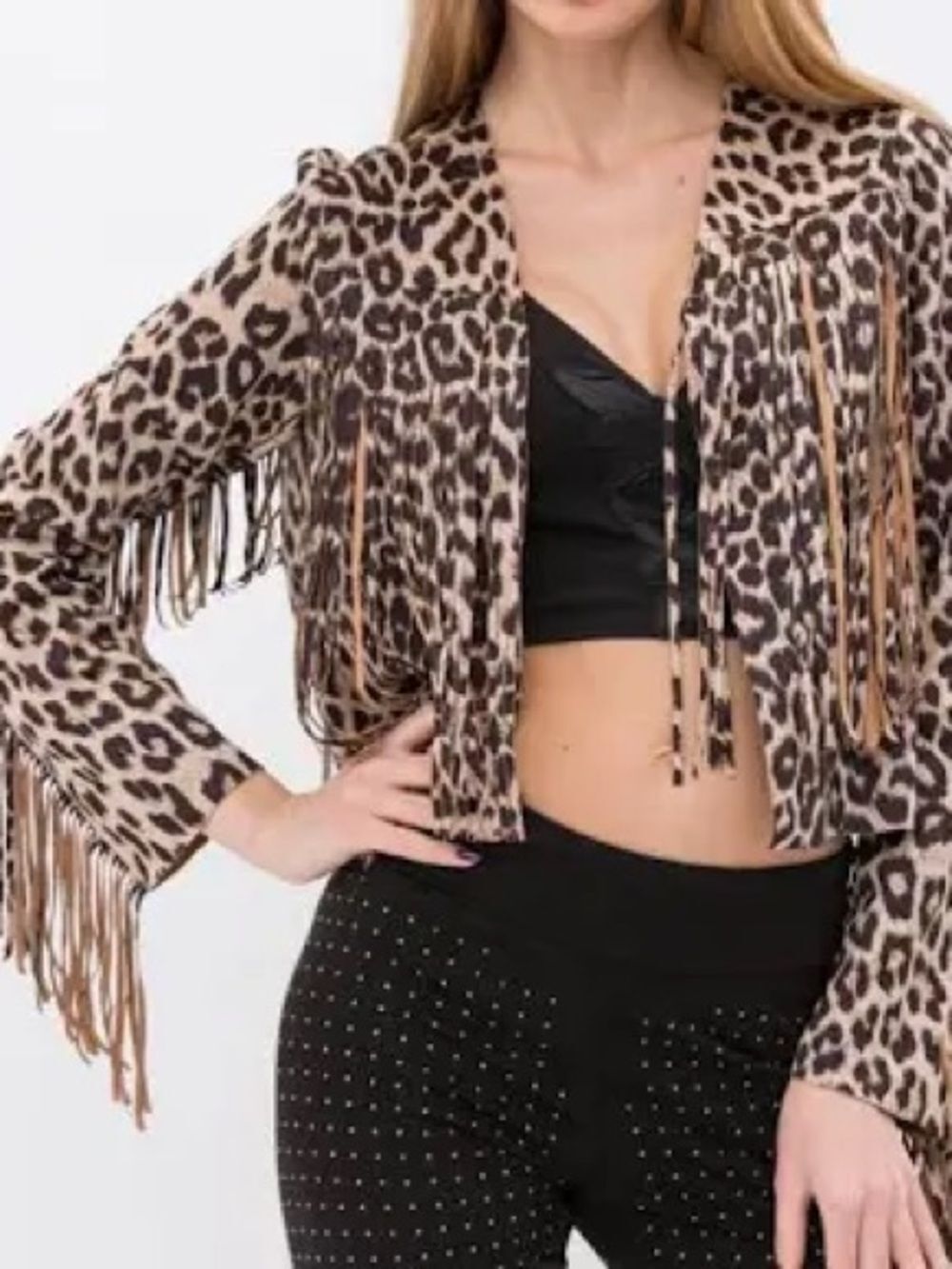 Vocal Leopard Print Fringe Cropped Jacket - Tan & Black XL